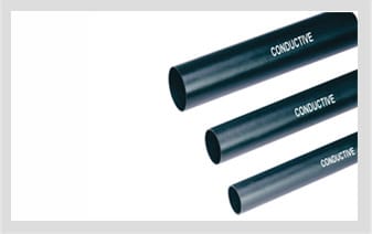 Three lengths of matt black heat-shrink tube, each printed CONDUCTIVE along its length, photographed on a white ground.