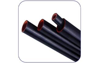 Three lengths of black heat-shrink tube with their cut ends to the camera, each showing a bright red inner layer in the bore.